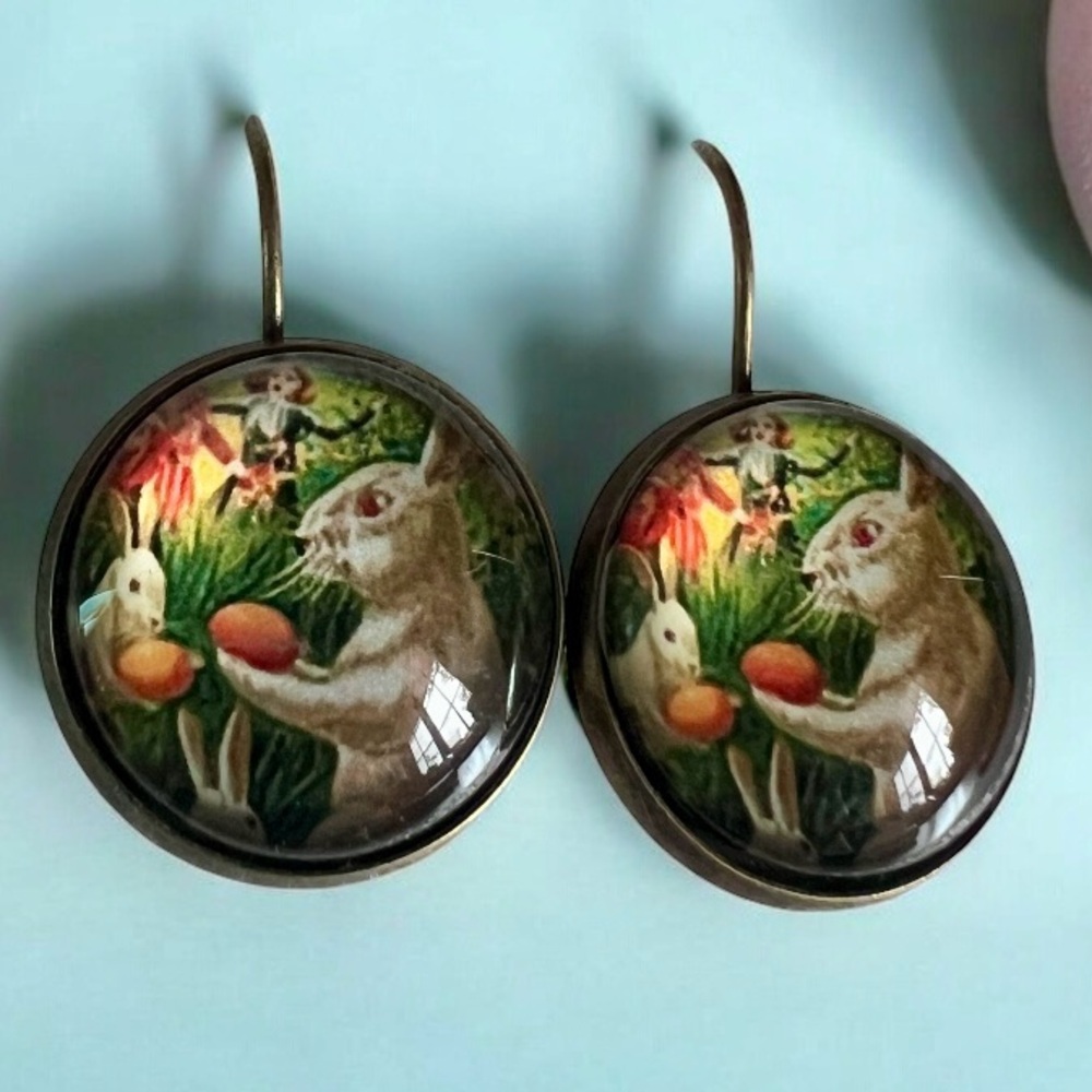 Glass bubble earrings Rabbits picking mushrooms Lever back Bunnies
